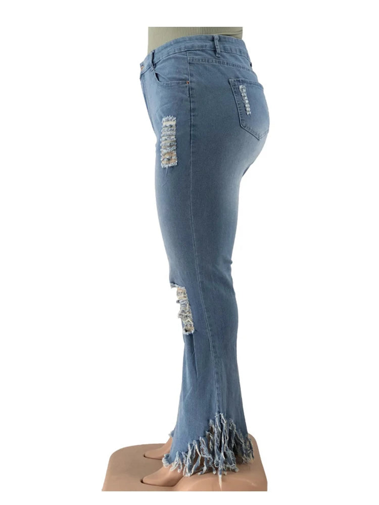 Pus Size  Ladies Jeans High Waist Woman Tassel Vintage Jeans Ripped Plus Size Fashion Elegant Flared Jeans Wholesale Dropshipping