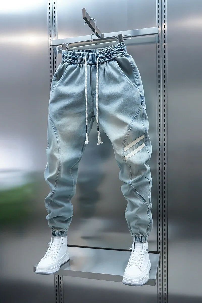 Men's Summer Slim Fit Jeans Light Blue Elastic Waist Patchwork Casual Pants Tapered Leg Jeans Harlan Sle Breathable Comfort...