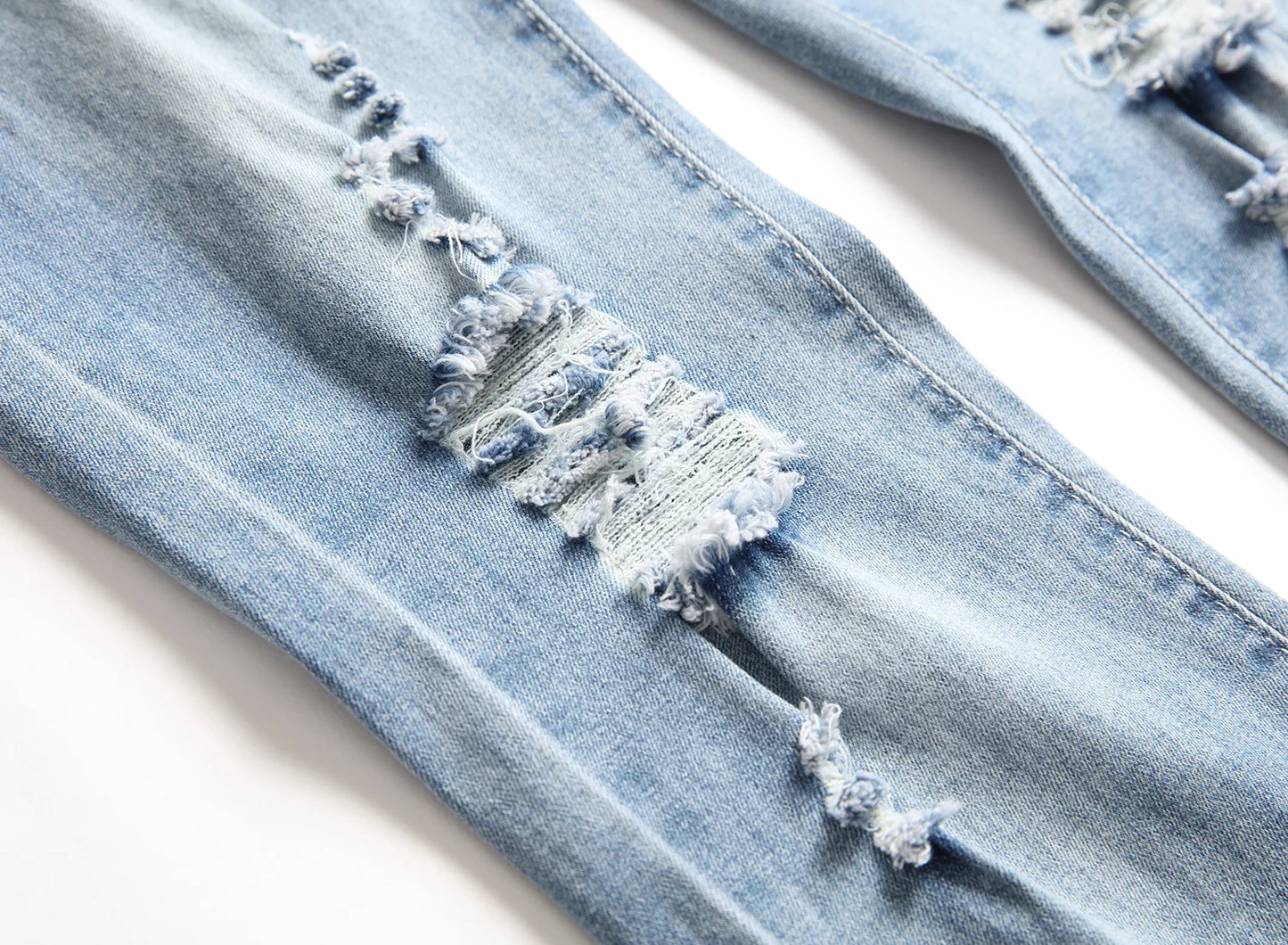 Men Vintage Wash Solid Denim Trouser Mens Casual Slim Fit Pencil Denim Holes Pants 2024