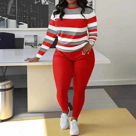 Color Blocked Women Top Pants Set Autumn Tracksuit Striped Color Round Neck Long Sleeved Casual Two-piece Set Loungewear