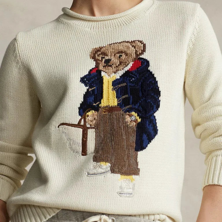 Cute Bear Pattern Cotton Knitwear Sweet Style Versatile Long Sleeve round Neck Sweater Autumn Winter New Arrival for Women