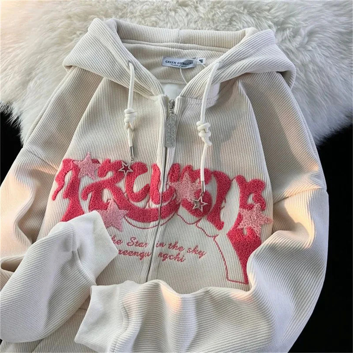 Hoodies Women Fashion Embroidery Zip Up Autumn Long Sleeve Tops Loose Hood Shirt Harajuku Y2K Clothes Female Sweatshirt Jacket