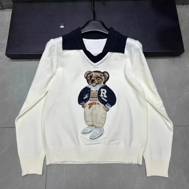 High Quality French Knitted Sweater Women Bear Cartoon Design Embroidery Long Sleeve Pullover Tops Jumper