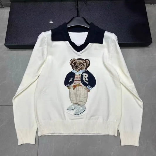 High Quality French Knitted Sweater Women Bear Cartoon Design Embroidery Long Sleeve Pullover Tops Jumper