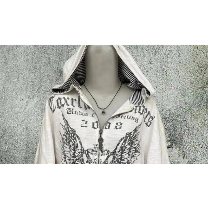 Hoodies Women Vintage Sweatshirts 2025 Women's Clothes White Print Tunic Hooded Y2k Coat Streetwear Fashion Casual Hoodies Tops Ropa Mujer