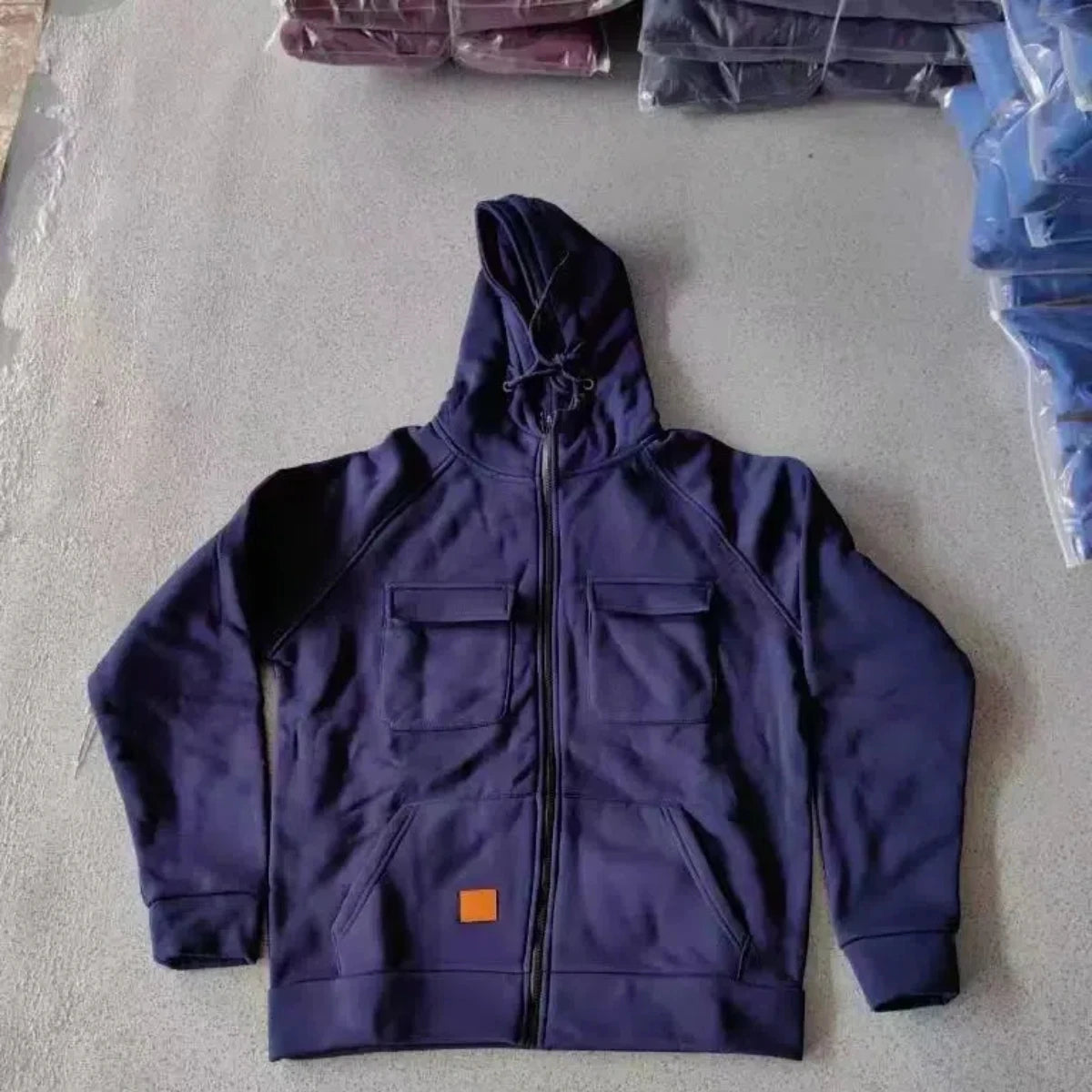 JUMPER Solid-Color Zipper Pullover Hooded Sweater Casual Loose Street-Style Multi-Pocket Hooded Sports Coat