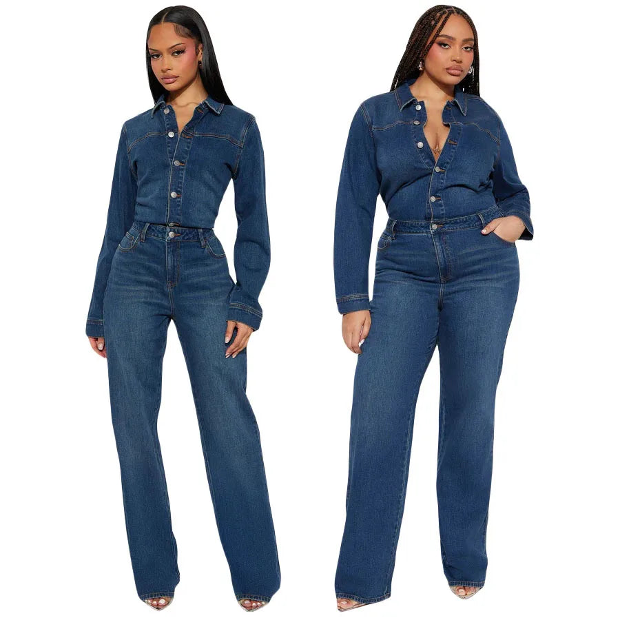 Newly Jeans Stretch Jumpsuit Sexy Women Turn Down Collar Elegant Denim Straight Romper Overalls