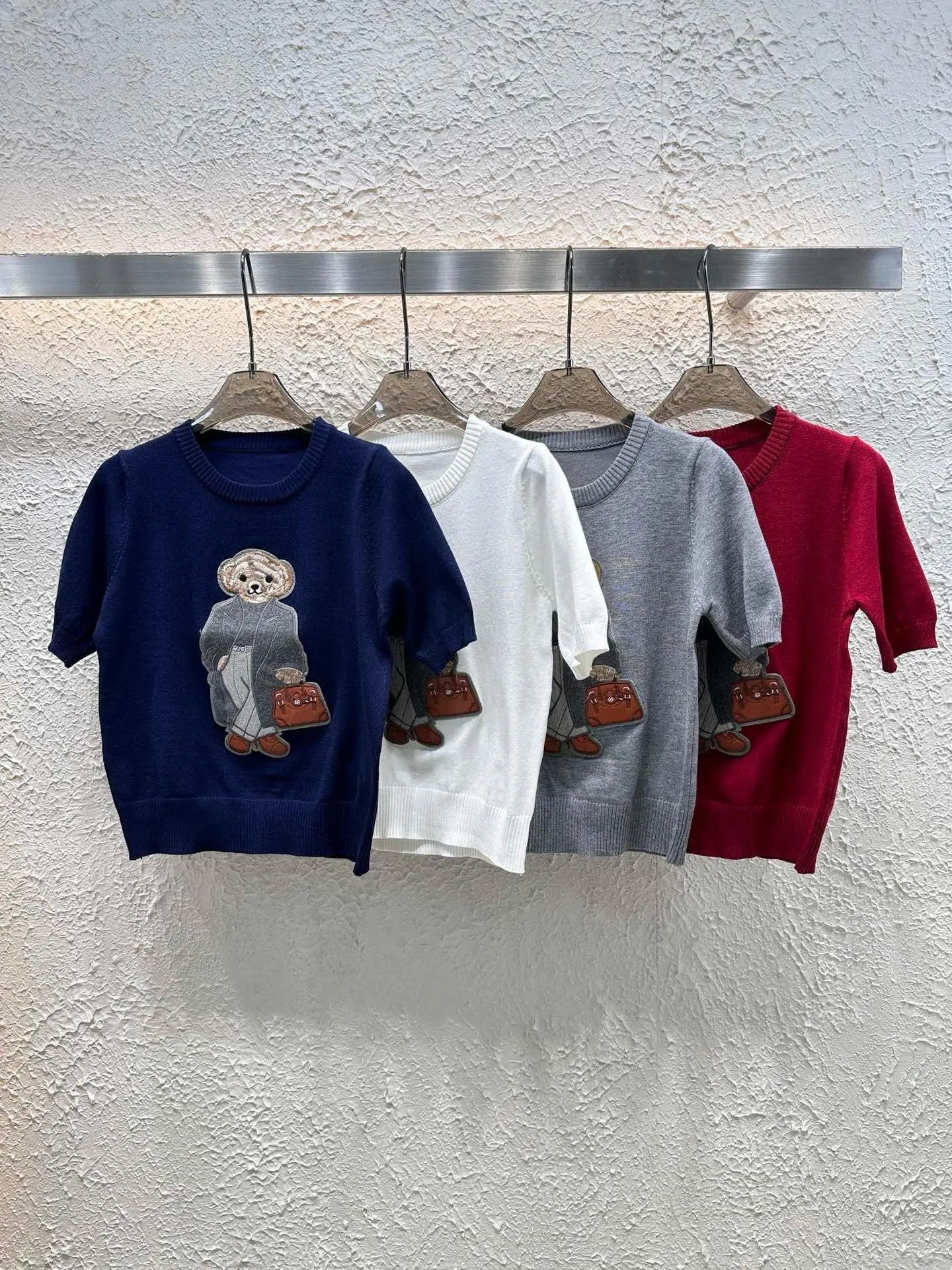 European Style Luxury Brand Loose O-Neck Bear Pullover Tops Knitwear Woman Short Sleeve T-shirt Ladies Wool Knitted Sweater