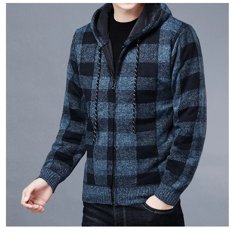Sweater Jacket Fashion Winter Coat Fleece Hoodies High Quality Luxury Checkered Hooded Knit Cardigan Male Outer Wear