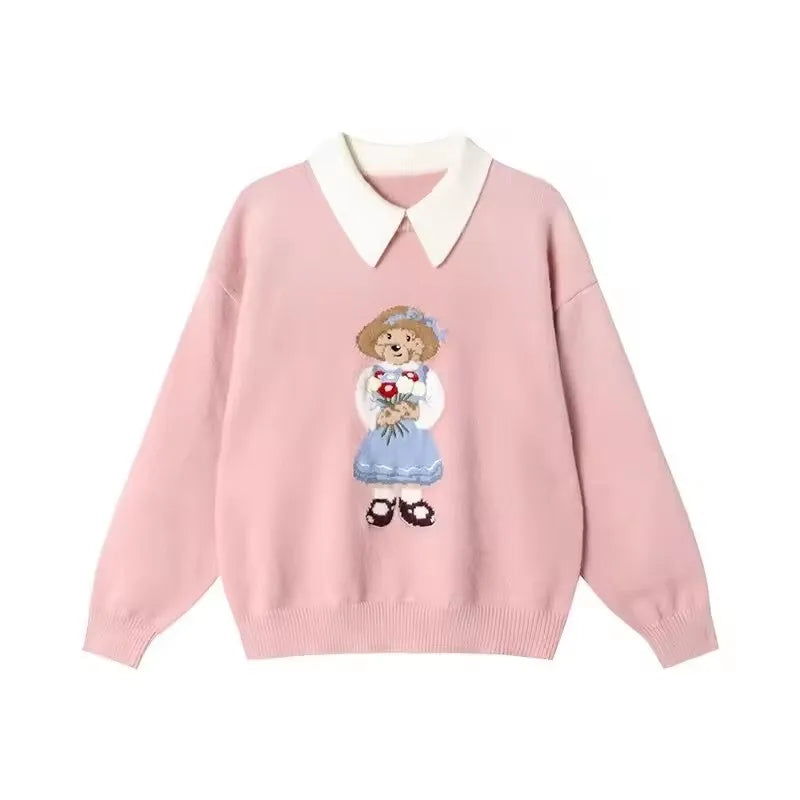European Style Luxury Brand Loose O-Neck Bear Pullover Tops Knitwear Woman Short Sleeve T-shirt Ladies Wool Knitted Sweater