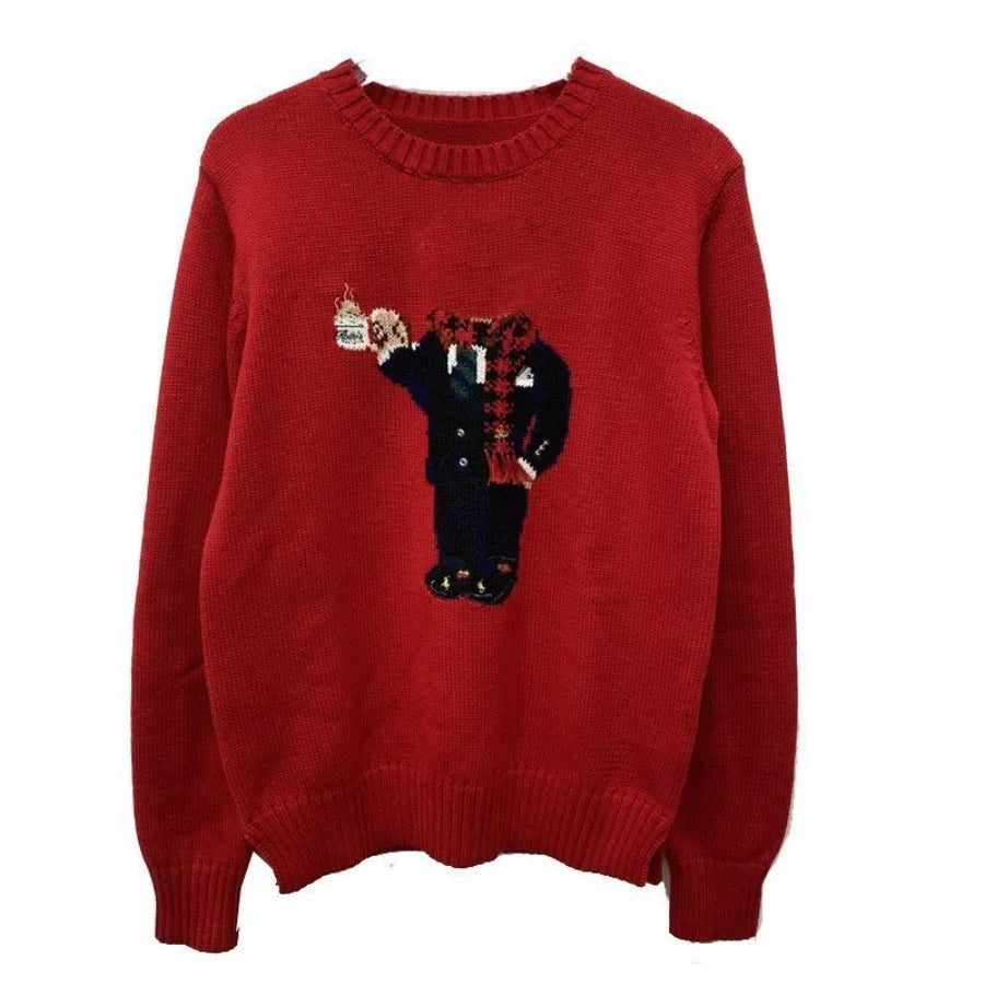 Soft Cotton Knit Sweater Women's Bear Embroidery Round Neck Top Autumn Winter Comfortable Wear Casual Embroidery Pullover