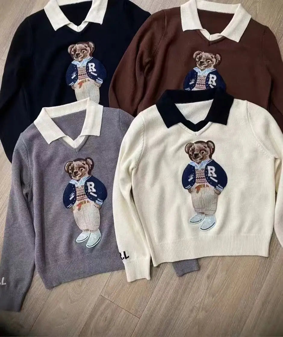 Knitted Sweater Women Design Bear Cartoon Embroidery Long Sleeve Pullover Tops Jumper Autumn