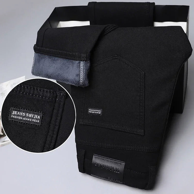 Men Slim Fit Stretch Thick Velvet Pants Warm Jeans Casual Fleece Trousers Male