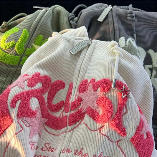 Hoodies Women Fashion Embroidery Zip Up Autumn Long Sleeve Tops Loose Hood Shirt Harajuku Y2K Clothes Female Sweatshirt Jacket