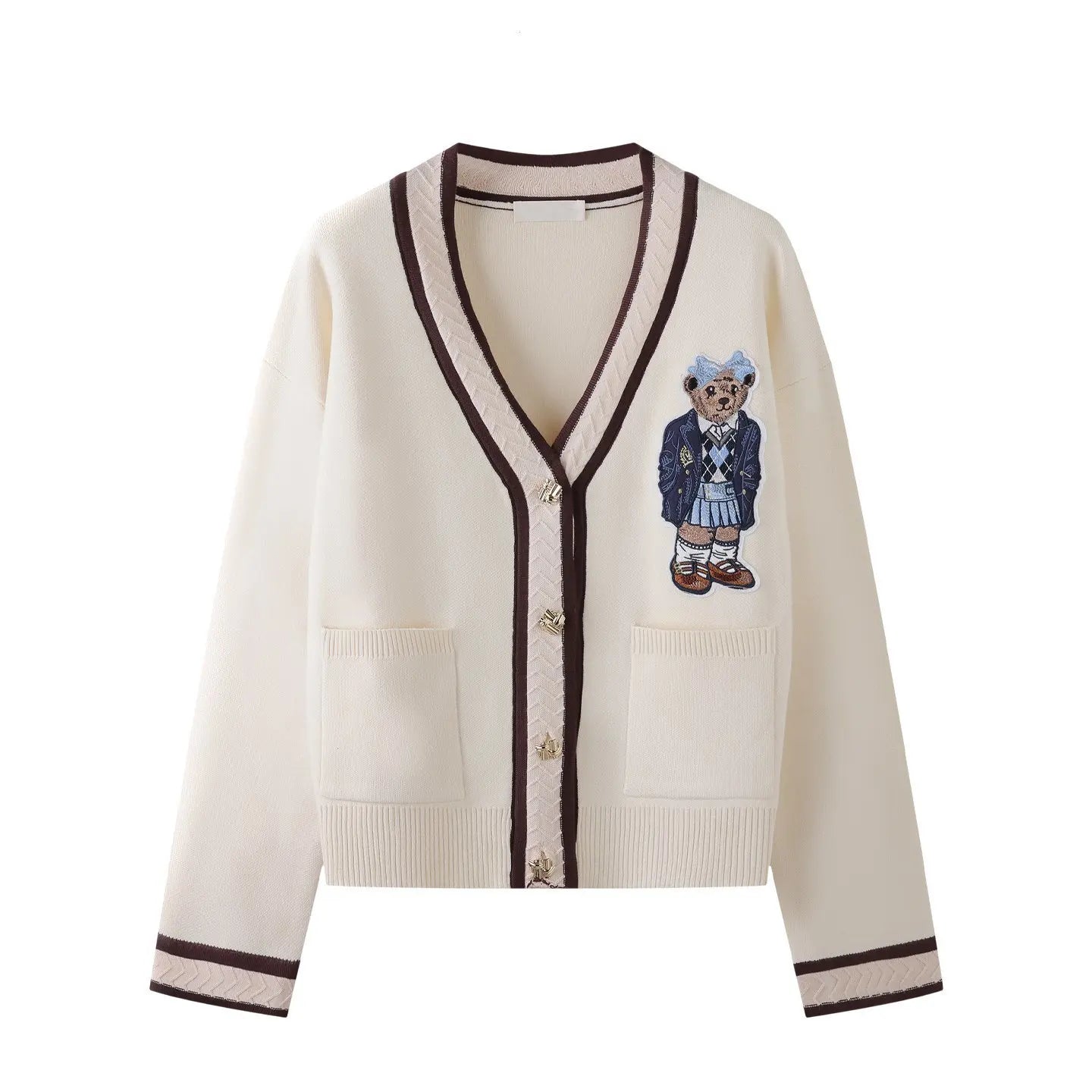 High Quality Light Luxury French Bear Embroidered Knitted Cardigan For Women New Fashion Casual Loose Sweater Coats Pulls Femmes