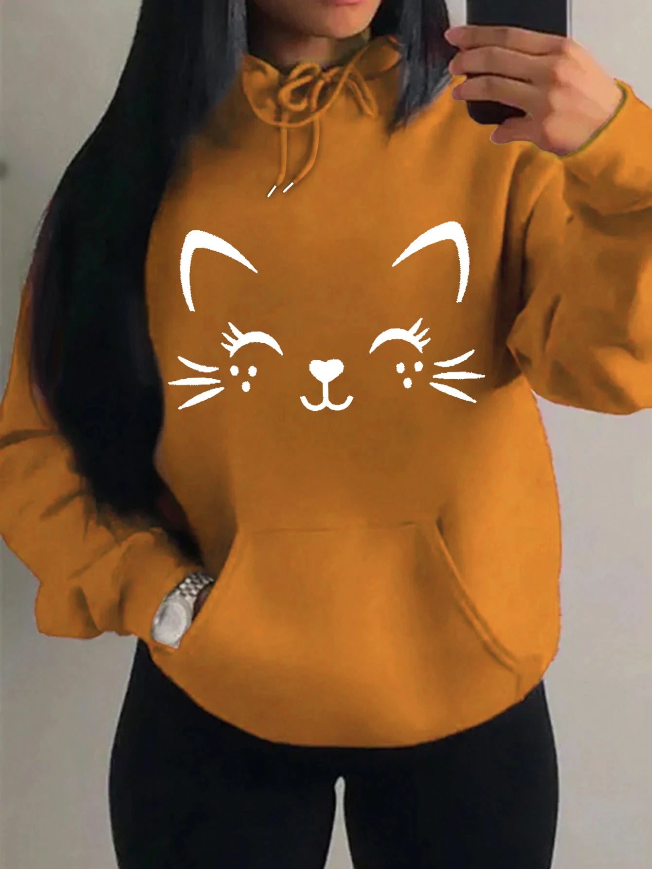 Simple Word Cat Happy Pattern Women Hoodies Fashion Casual Streetwear Personality Hip Hop Hoodie Trendy Fleece Pulloverar