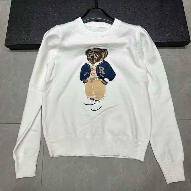 European Style Luxury Brand Loose O-Neck Bear Pullover Tops Knitwear Woman Short Sleeve T-shirt Ladies Wool Knitted Sweater