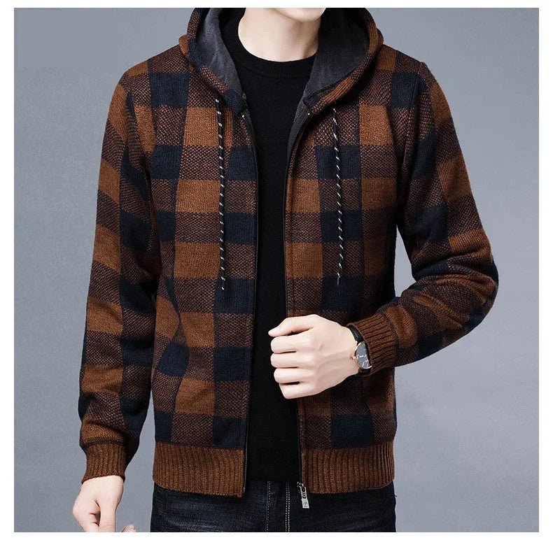 Sweater Jacket Fashion Winter Coat Fleece Hoodies High Quality Luxury Checkered Hooded Knit Cardigan Male Outer Wear
