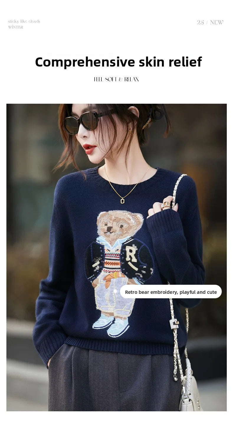 Thickened Woolen Knitted Sweater round Neck Embroidery Cartoon Bear Long Sleeve Women's Base Shirt Autumn Winter New Arrival