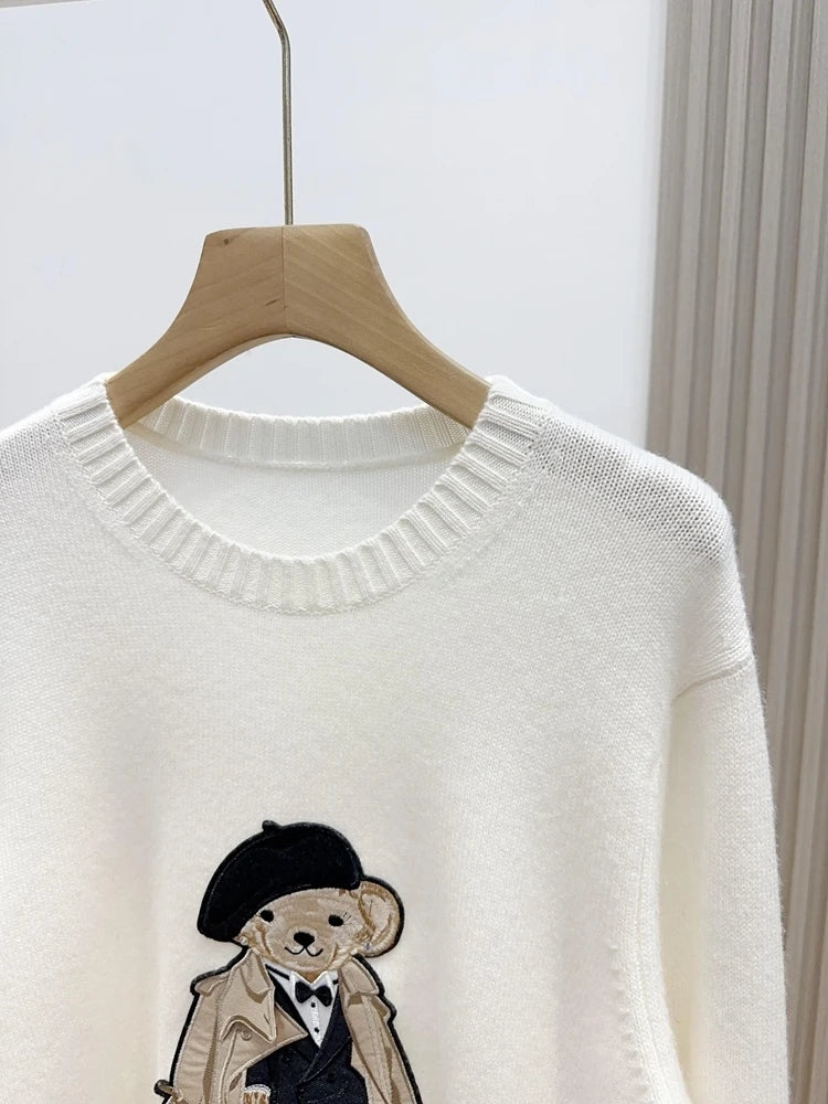 European Style Luxury Brand Loose O-Neck Bear Pullover Tops Knitwear Woman Long Sleeve T-shirt Ladies Wool Knitted Sweater Tops