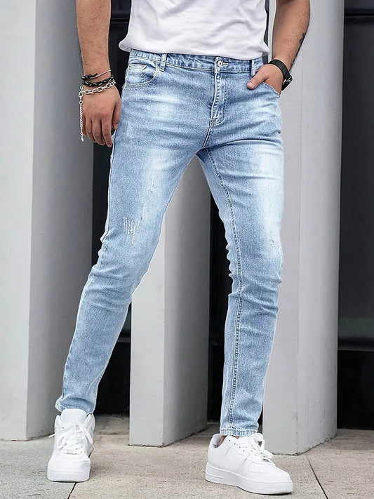 Men's Slim Four-Season Washed Fashion Jeans Stretch Slim Fit Light Blue Gray Black Casual Denim Pants