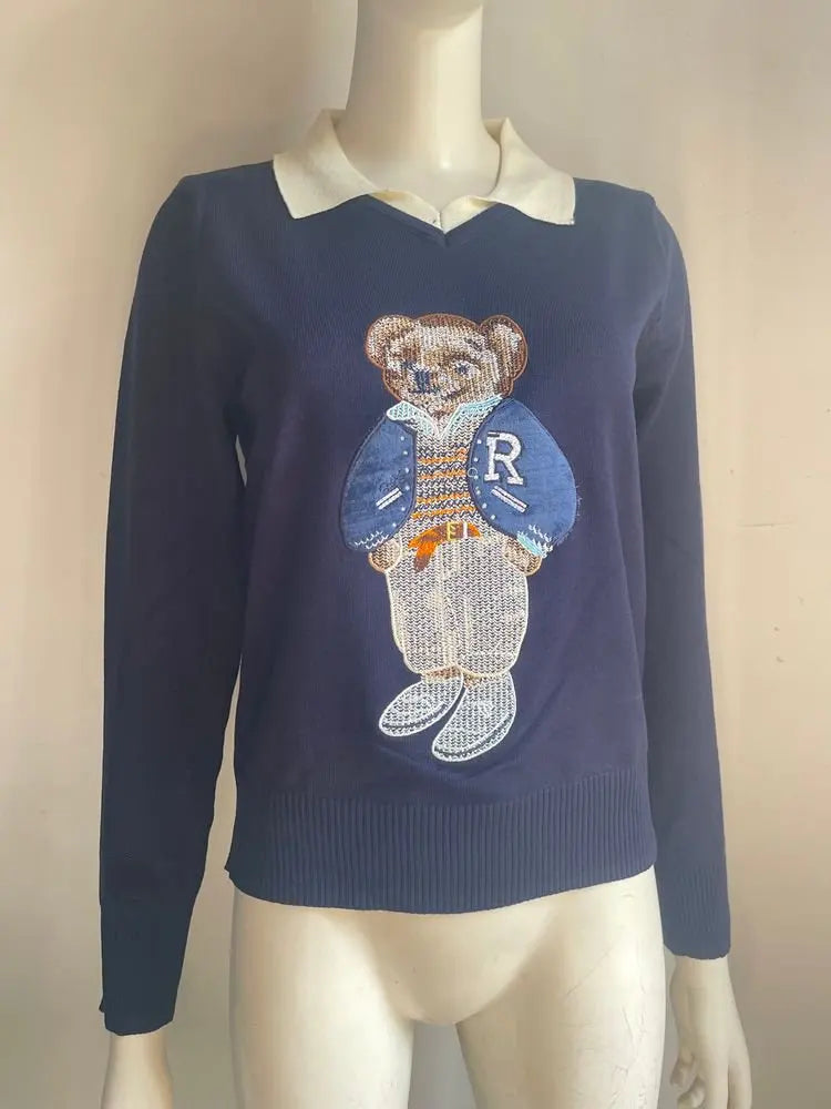 High Quality Fall Winter New Fashion Lazy Cartoon Bear Embroidery Loose Knitted Sweater Tops Women Casual Pullover Sweater Pull