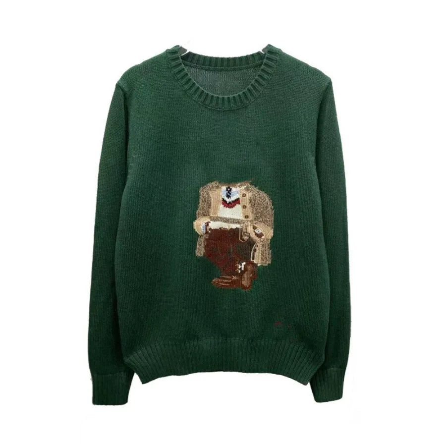 Soft Cotton Knit Sweater Women's Bear Embroidery Round Neck Top Autumn Winter Comfortable Wear Casual Embroidery Pullover