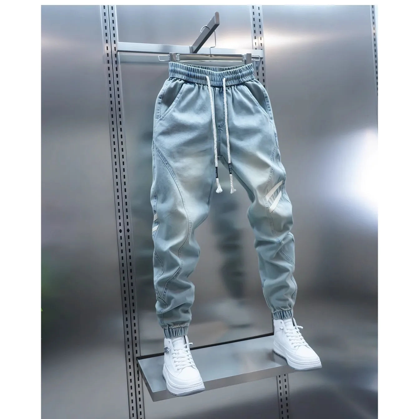 Men's Summer Slim Fit Jeans Light Blue Elastic Waist Patchwork Casual Pants Tapered Leg Jeans Harlan Sle Breathable Comfort...