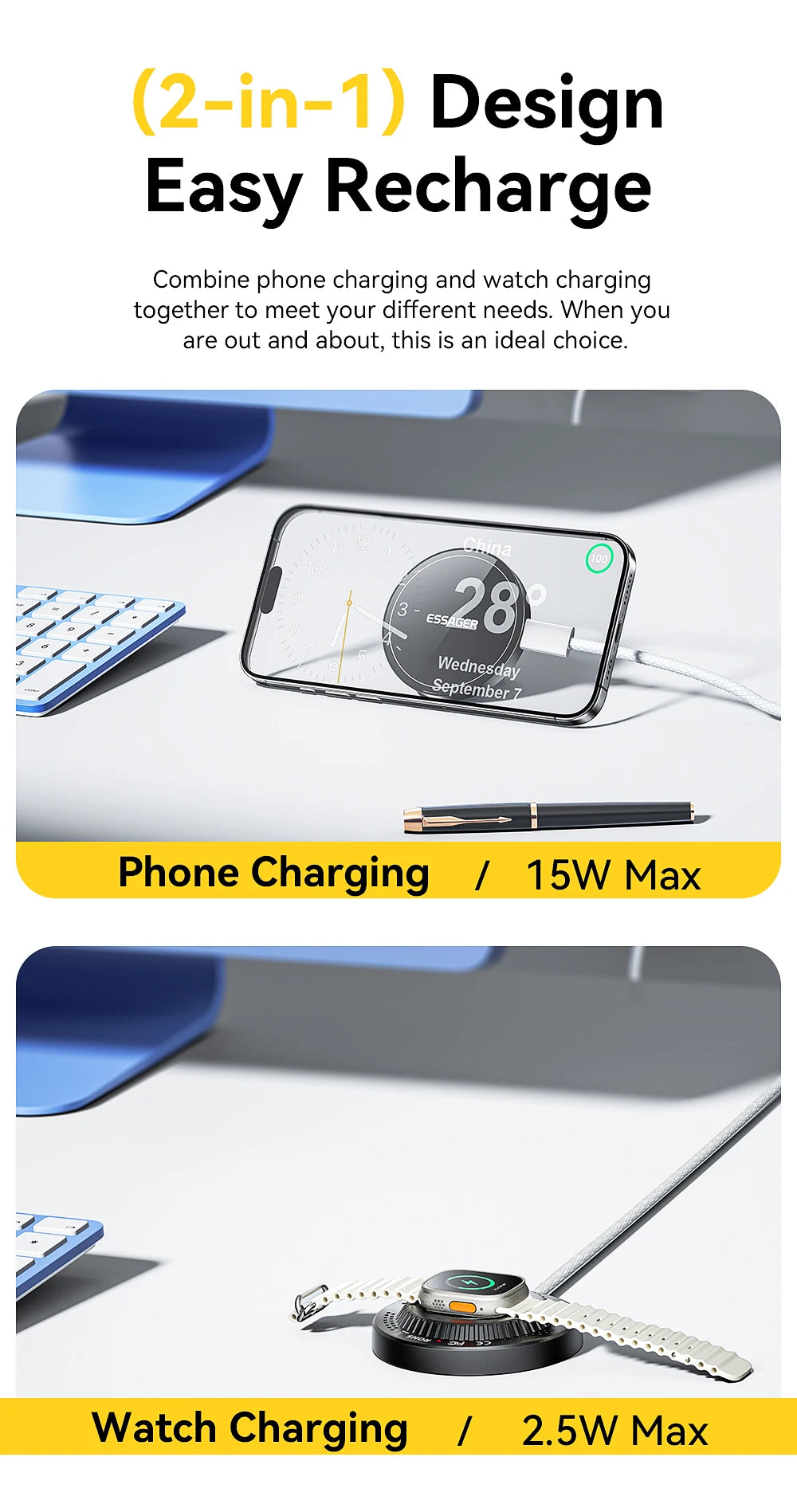 Essager 2-in-1 Magnetic Wireless Charger 15W With Holder Portable Fast Charging For iPhone 16 15 14 Pro Max iWatch Huawei Xiaomi