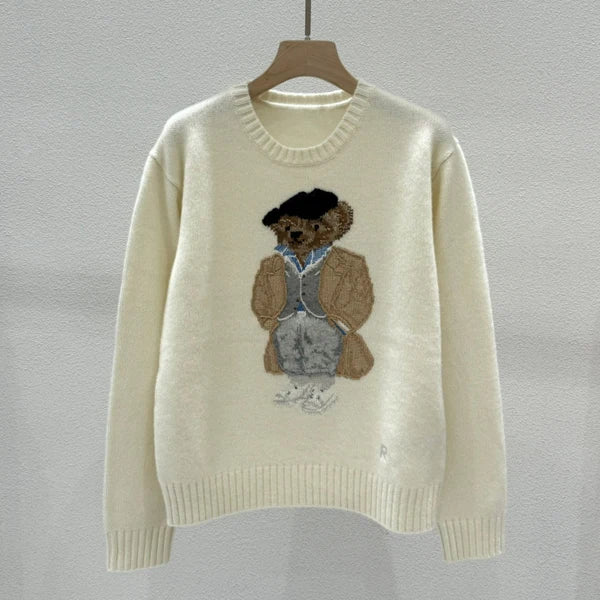 Autumn Winter Women's Knitted Long Sve Sweater Casual Sle Bear Embroidery Cartoon Loose Fit Camere round Ne Top