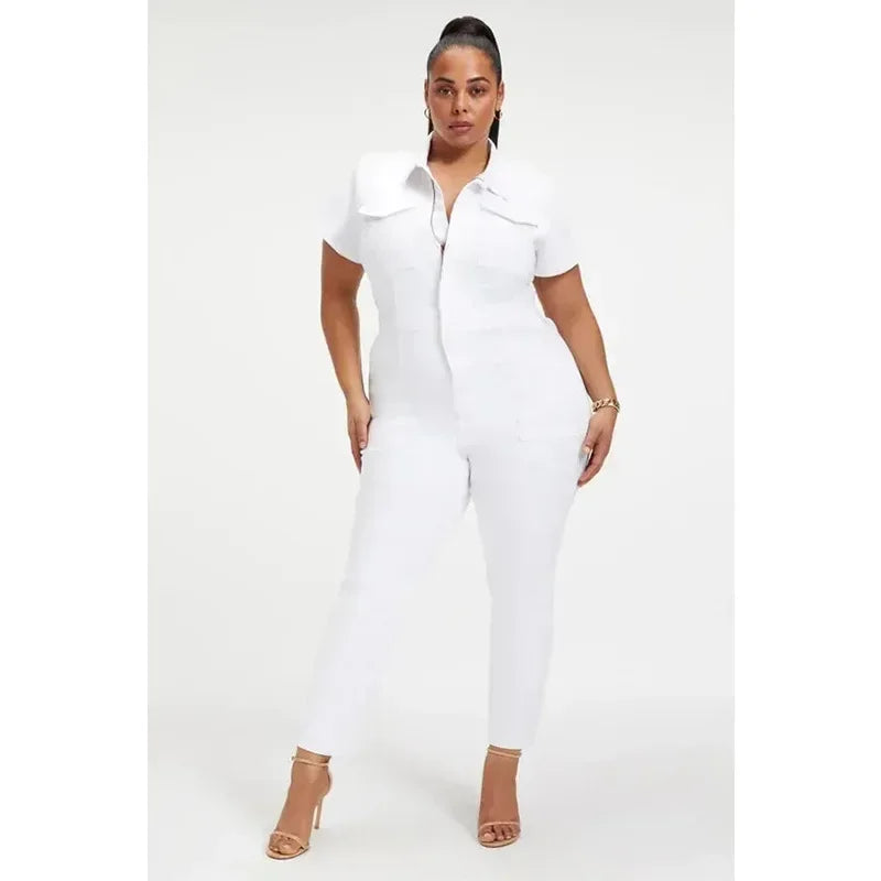 Fashion Jeans Plus Size Denim Jump Suits for Women Slim Short Sleeve Turn Down Collar Overalls Rompers Female One-piece Pants