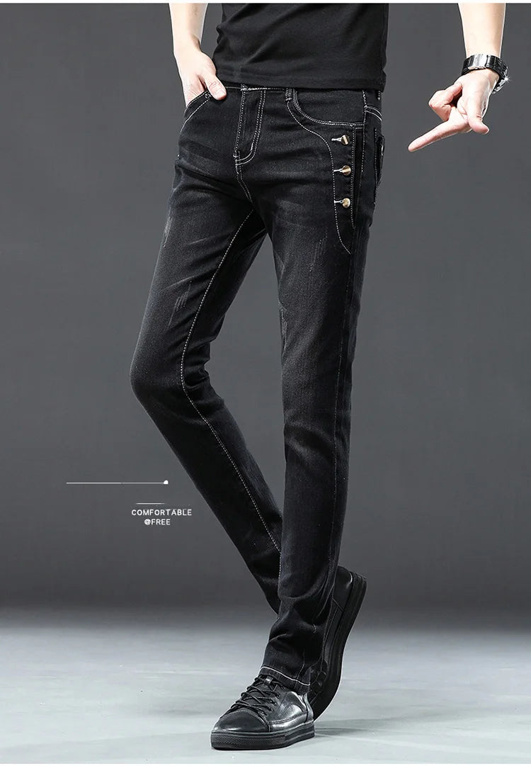 Men's Designer Jeans Snowflake Grey Wash Korean Fashion Stretch Pants Multi-button Denim Trousers