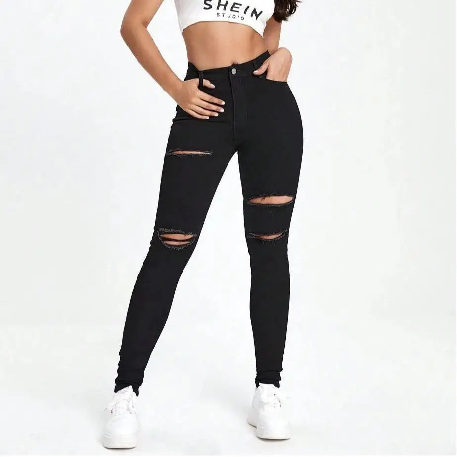 Ins Lady High Waisted Stretchy Skinny Jeans | Girls Ripped Design Trendy Versatile Timeless Casual Fashion Denim Pants