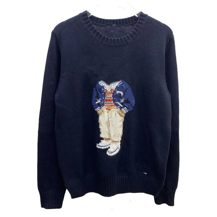 Soft Cotton Knit Sweater Women's Bear Embroidery Round Neck Top Autumn Winter Comfortable Wear Casual Embroidery Pullover