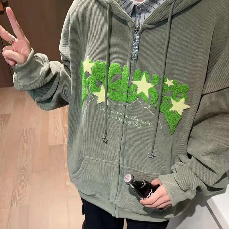 Hoodies Women Fashion Embroidery Zip Up Autumn Long Sleeve Tops Loose Hood Shirt Harajuku Y2K Clothes Female Sweatshirt Jacket