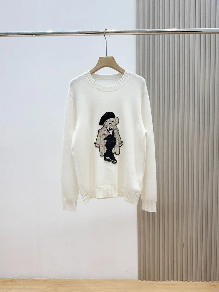 European Style Luxury Brand Loose O-Neck Bear Pullover Tops Knitwear Woman Long Sleeve T-shirt Ladies Wool Knitted Sweater Tops