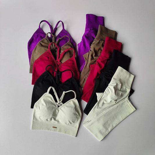 Legging Seamless Hip Lifting Fitness Set Women's V-neck Bra Leggings Yoga Set Quick Drying Exercise Iron Massage High Fat Tight Pants