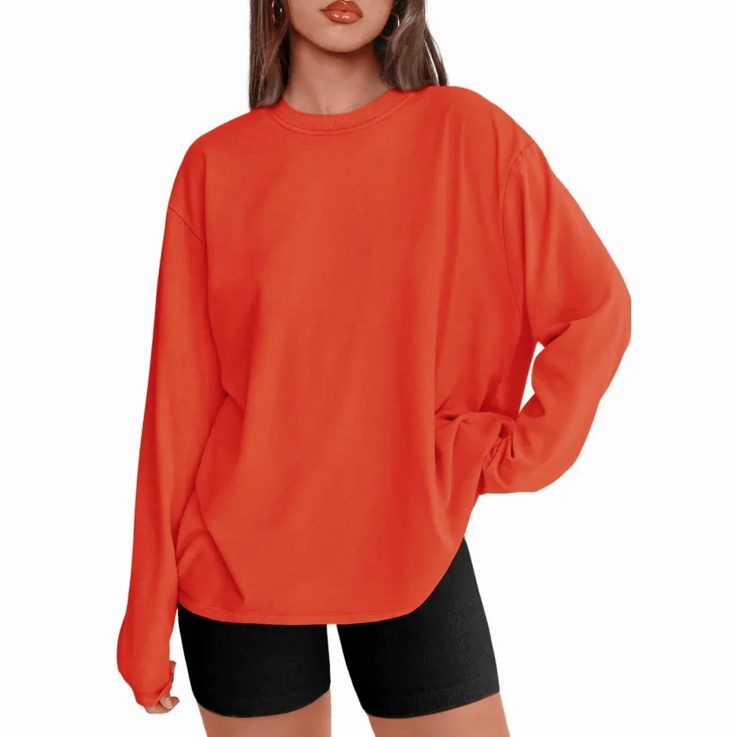 Long Sleeve Crew Neck Solid Color T-Shirt for Women Comfortable Cotton Top Fashionable