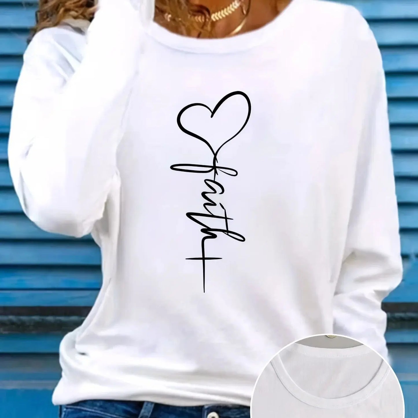 Faith Print Crew Neck T shirt Casual Long Autumn winter top women's long sleeved T-shirt loose comfortable black  white