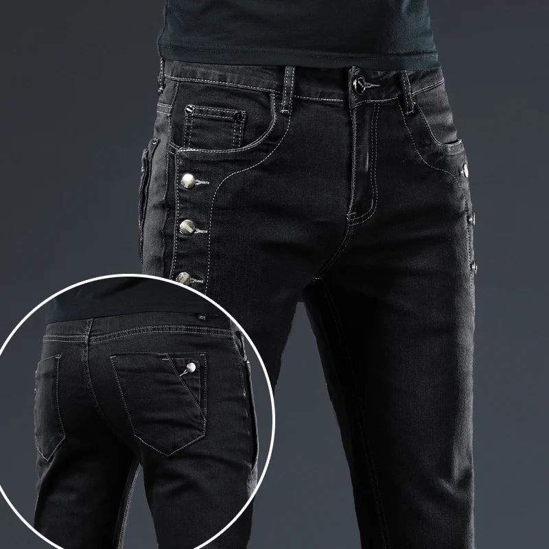 Men's Designer Jeans Snowflake Grey Wash Korean Fashion Stretch Pants Multi-button Denim Trousers
