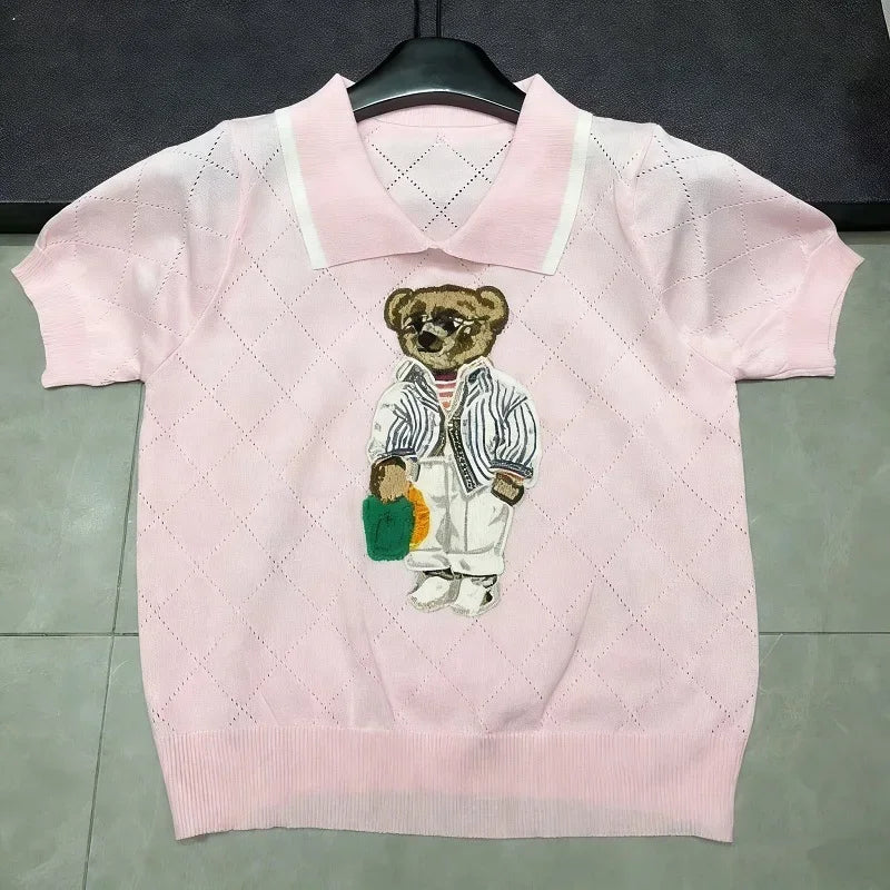 Cartoon Bear Thin Knit Pullover Women 2026 New Summer Short Sleeve Sweater Jumper Cropped Tops Fashion Women's Clothes