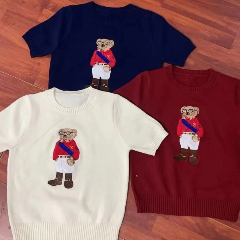 European Style Luxury Brand Loose O-Neck Bear Pullover Tops Knitwear Woman Short Sleeve T-shirt Ladies Wool Knitted Sweater