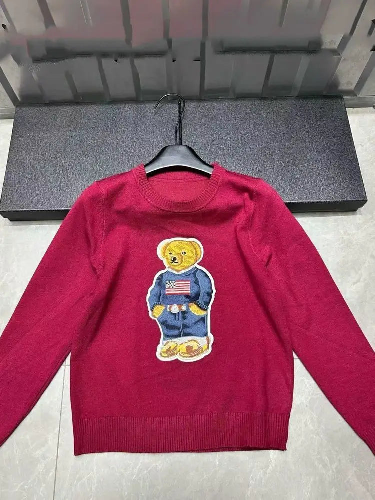 High Quality Fall Winter New Fashion Lazy Cartoon Bear Embroidery Loose Knitted Sweater Tops Women Casual Pullover Sweater Pull