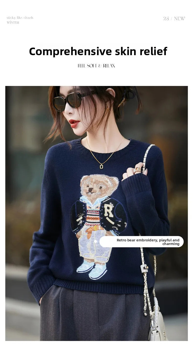 Thickened Woolen Knitted Sweater round Neck Embroidery Cartoon Bear Women's Base Shirt Autumn Winter New Style Premium Spun Wool