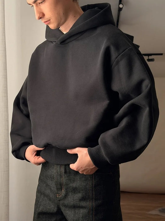 American Retro Solid Color Oversized Sweatshirt Women Autumn and Winter Streetwear Trendy Hip-hop Casual Loose Black Hoodie Men