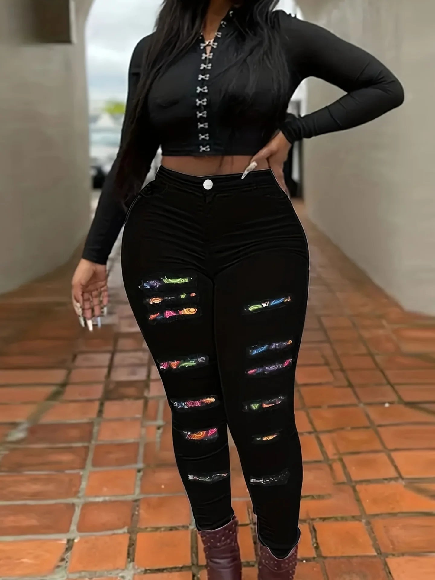 Women's plus size American sexy jeans, high stretch slim-fit pencil jeans, black color-blocked ripped slim-fit jeans