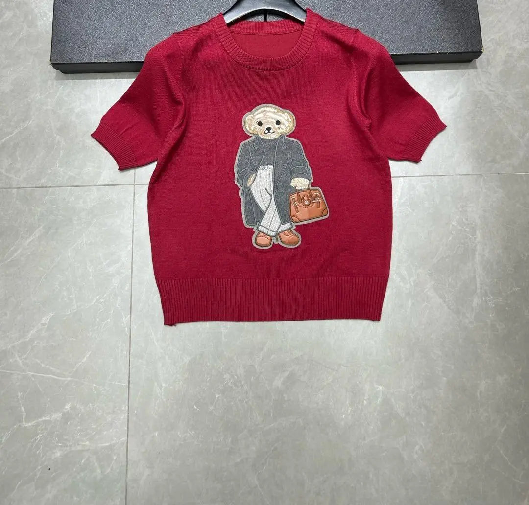 European Style Luxury Brand Loose O-Neck Bear Pullover Tops Knitwear Woman Short Sleeve T-shirt Ladies Wool Knitted Sweater