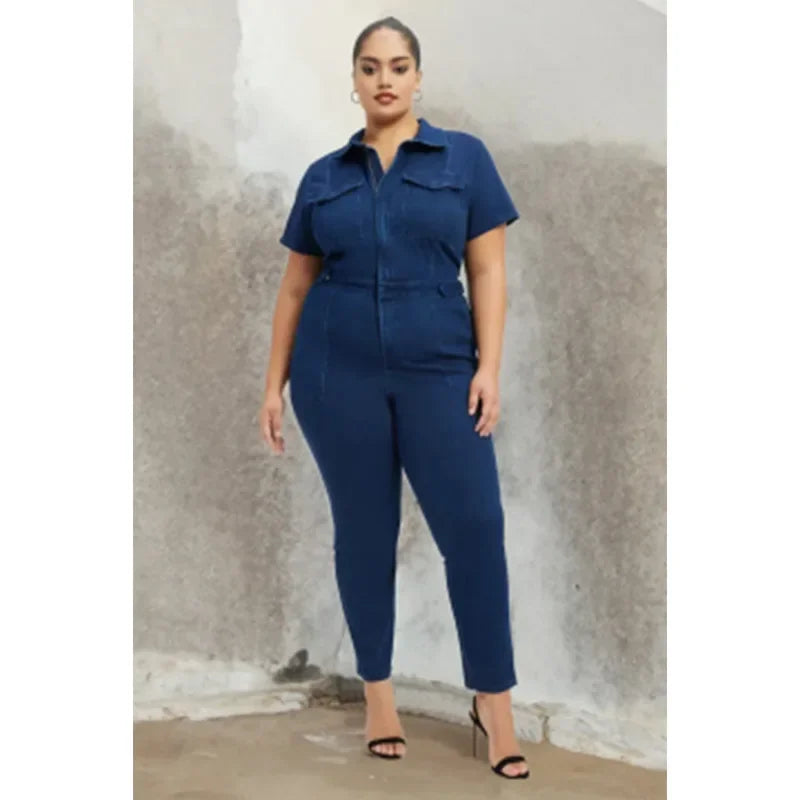 Fashion Jeans Plus Size Denim Jump Suits for Women Slim Short Sleeve Turn Down Collar Overalls Rompers Female One-piece Pants