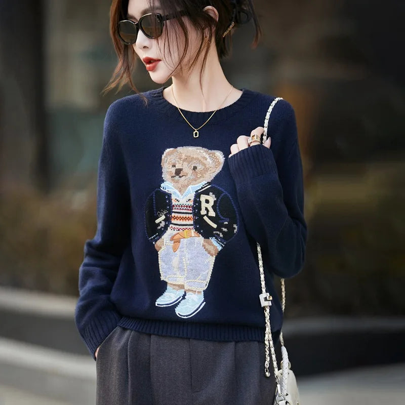 Thickened Woolen Knitted Sweater round Neck Embroidery Cartoon Bear Long Sleeve Women's Base Shirt Autumn Winter New Arrival