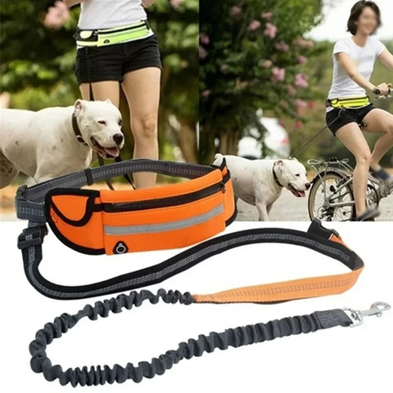 Dog Running Waist Leash Nylon Pet Leash with Waist Bag Retractable Elastic Belt Dog Traction Rope Reflective Belt Buckle